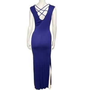 Blue Crisscross Back Maxi Dress Side Slits Stretch Size‎ XS Bodycon Classy Sexy